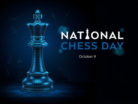 National chess day banner with a blue king chess piece illustration on a dark background for october 9 celebration