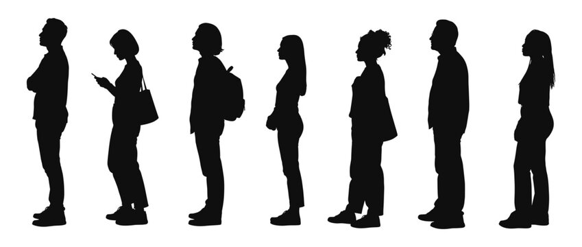 People standing in line silhouettes set waiting in queue vector illustration