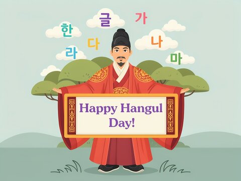 King sejong holding a sign that says happy hangul day with korean alphabet letters floating in the background for a cultural celebration illustration