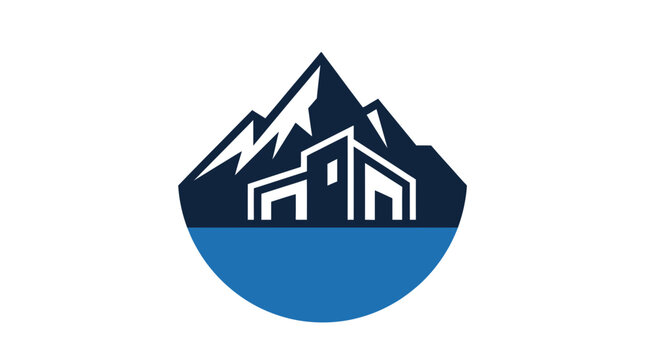 Dark blue mountain and modern house circular logo.