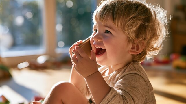Toddler with curly hair laughing while holding a toy phone, sitting on a wooden floor in a bright room with sunlight streaming through large windows