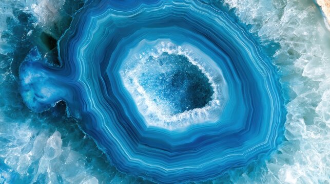 A blue agate geode cross-section shows layers of blue and white stone surrounding a shiny crystalline center. This is set on a natural stone backdrop.