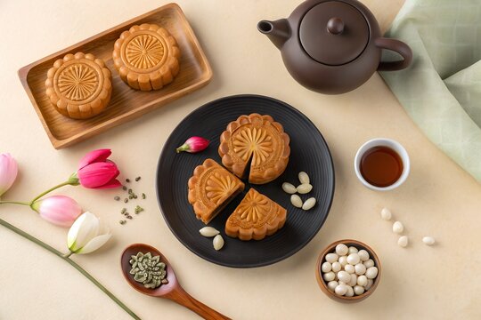 Overhead View Mid Autumn Festival Food Drink Mooncakes Tea, Top View Traditional Mooncakes and Tea for Mid Autumn Festival Celebration