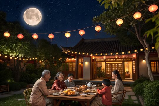 Asian Family Mid Autumn Festival Outdoor Dinner Full Moon Celebration, Traditional Asian Family Gathering for Mid Autumn Festival Dinner Under Full Moon