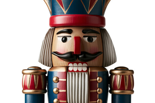 Classic wooden Nutcracker soldier in traditional festive uniform, isolated PNG on transparent background