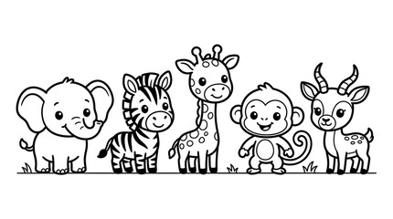 Fototapeta premium Cute Safari Animals Coloring Page for Kids Featuring Elephant Zebra Giraffe Monkey and Gazelle Line Art Illustration