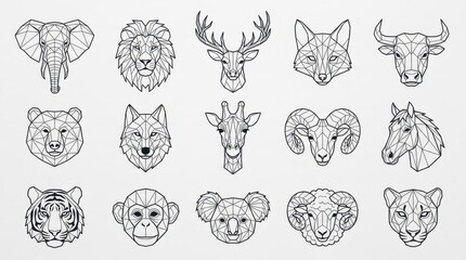 Fototapeta premium Set of 15 Geometric Animal Head Illustrations Featuring Lion, Tiger, Wolf, Elephant, and More in Minimalist Polygonal Style