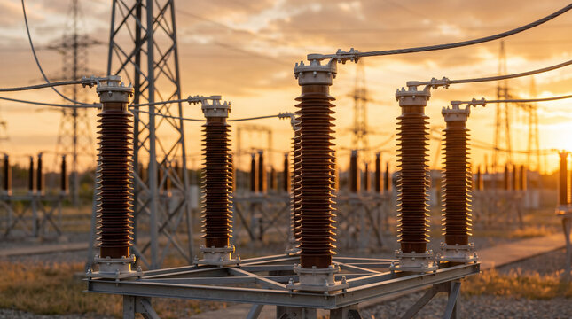 High voltage insulators at a power substation with transmission towers glowing at sunset