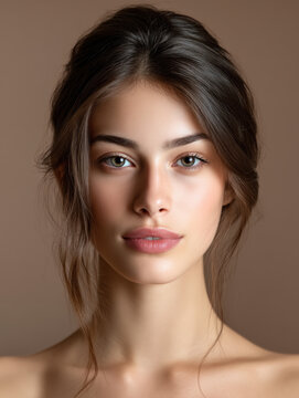 Young woman intelligent socially self confident high fidelity natural beauty brown hair clear skin portrait