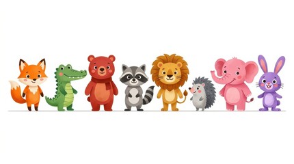 Fototapeta premium Cute Cartoon Animals Collection Set with Fox Crocodile Bear Raccoon Lion Hedgehog Elephant and Rabbit for Kids Design