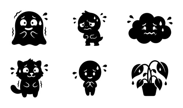 Scared and Anxious Characters, Ghost, Cat, Plant Icons, Fearful Emotions, Vector Set
