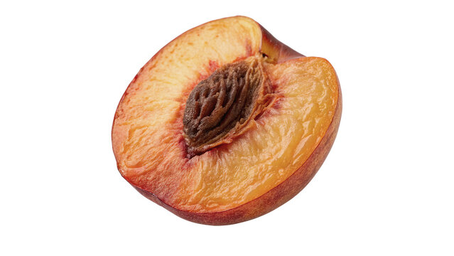 Fresh juicy ripe peach fruit cut in half with textured seed pit isolated