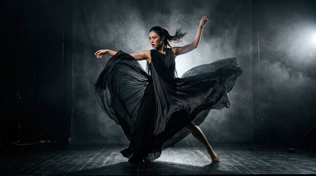 Elegant Dancer in Flowing Black Dress on Stage with Dramatic Lighting.