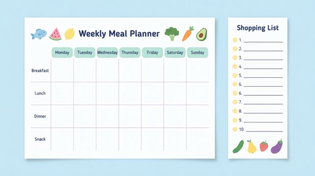 Colorful weekly meal planner and grocery shopping list template for home organization.