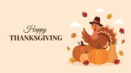 Naklejka premium Happy thanksgiving greeting card design featuring a cute cartoon turkey with pumpkins and autumn leaves