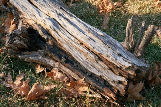 Weathered Driftwood Log Resting on Grassy Ground with Autumn Leaves.