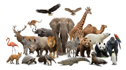Fototapeta premium Large Collection of Wild Animals Isolated on White Background - Elephant, Lion, Giraffe, Panda, and More Wildlife Species