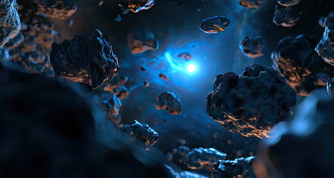 Cosmic Asteroid Field with Distant Nebula Glow.