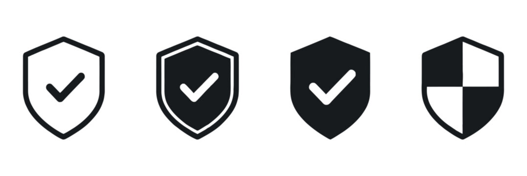 Shields with protection, security and checkmarks black silhouettes on transparent setting guards