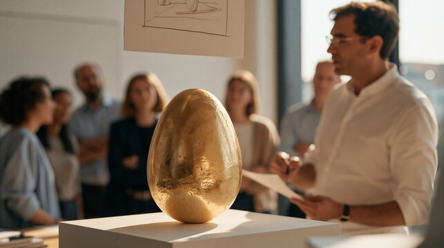 A golden egg figurine rests on a white surface in a museum curation setting, a hand drawn exhibition sketch pinned above it, surrounding crowd of curators pausing mid task to