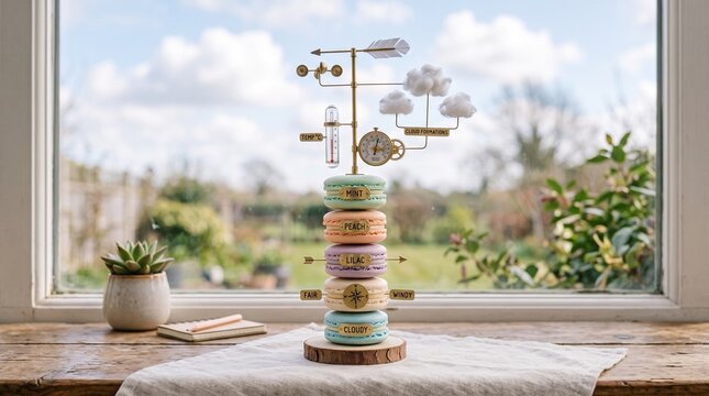 Whimsical weather station sculpture made of stacked colorful macarons on a wooden table
