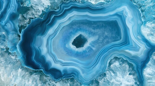 Blue agate geode cross-section reveals intricate crystalline center and layered stone patterns suitable for backgrounds and designs