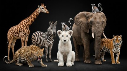 Fototapeta premium Diverse Group of Wild Animals Including Lion, Elephant, Giraffe, and Tiger on Black Background