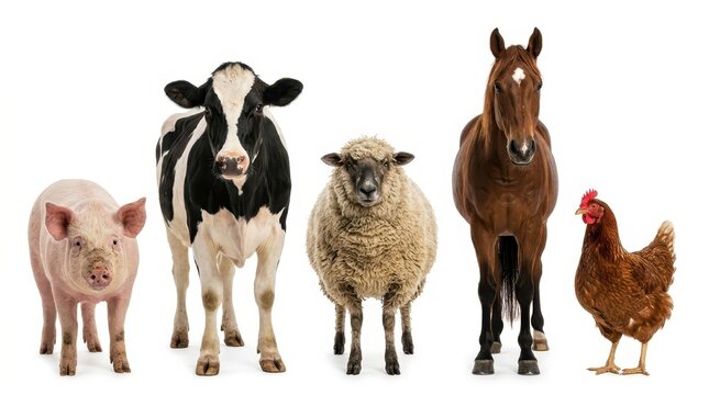 Group of Farm Animals Standing Together Isolated on White Background - Pig, Cow, Sheep, Horse, and Chicken
