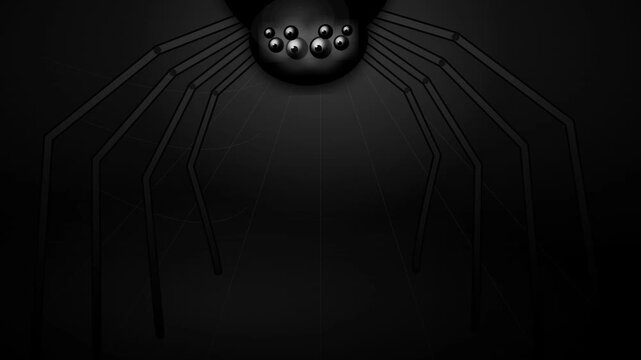 Spooky black widow spider animated on dark creepy background Halloween motion graphic. Dark noir style animated spider with multiple eyes