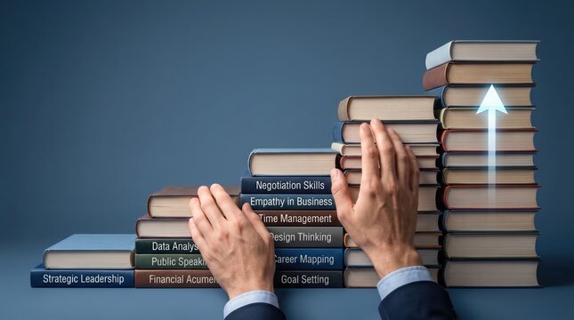 Conceptual image of male hands arranging hardcover books into ascending stair steps against blue, labeled with professional skills like Strategic Leadership, Negotiation, Empathy