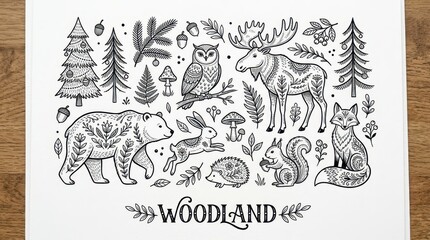 Fototapeta premium Hand-Drawn Woodland Animals and Forest Elements Illustration Set in Folk Art Style with Bear, Moose, Fox, and Owl.