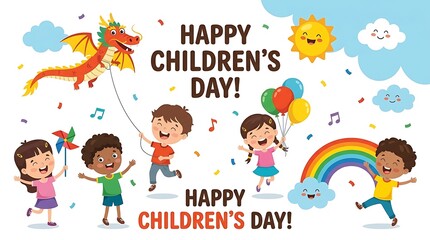Fototapeta premium Happy childrens day greeting card design with kids playing with balloons and kite children balloons greeting