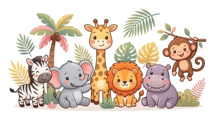 Fototapeta premium Cute Baby Safari Animals Illustration with Giraffe, Lion, Elephant, Zebra, Hippo and Monkey in Tropical Jungle Setting