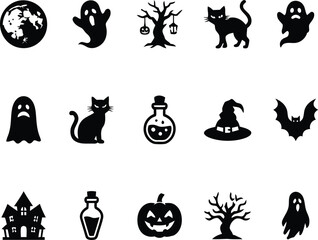 Fototapeta premium Halloween Icons Set with Pumpkin, Bat, Cat, Ghost, Witch Hat, Spider and Skull Vector Symbols for Spooky Autumn Holiday Celebration and Scary Cartoon Design