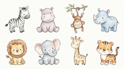 Fototapeta premium Cute Watercolor Safari Animals Set with Lion, Elephant, Giraffe, Zebra, Tiger, Hippo, Rhino, and Monkey for Nursery Decor