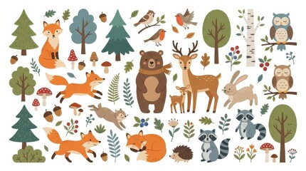 Fototapeta premium Cute Woodland Animals and Forest Elements Illustration Set with Foxes, Bear, Deer, and Raccoon for Nursery Decor