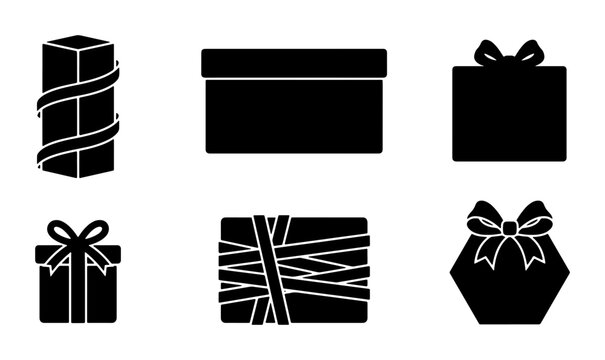 Set of 6 Black Gift Box Icons, Vector Illustrations for Celebration and Presents, Simple Silhouette Graphics for Holiday and Birthday Themes
