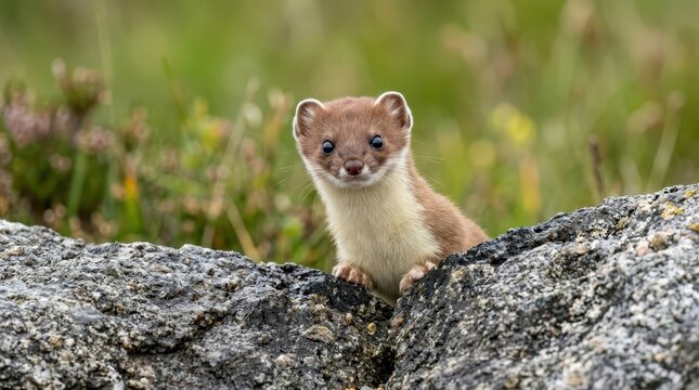 Cute Stoat Peeking Over a Rock in the Wild, Mustela Erminea Wildlife Photography in Natural Habitat
