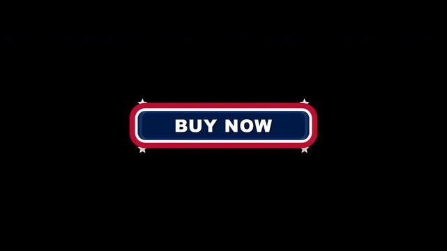 Animated American patriotic buy now button featuring a bold classic blue, red, and white layered design with embossed typography and decorative stars. The physical CTA button compresses when activated
