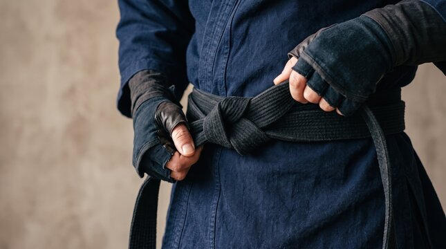 of martial artist tying black belt on blue gi uniform, hands adjusting knot, traditional karate or judo practice gear, discipline, strength, combat sports training