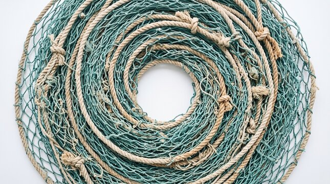 Fishing net coiled into a spiral on white background