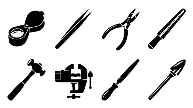 Jewelry making tools black silhouette icon set featuring goldsmith equipment gemology instruments and professional workshop tools