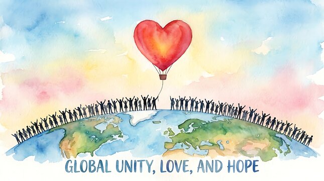 Watercolor painting of global unity love and hope with a heart shaped balloon over the earth