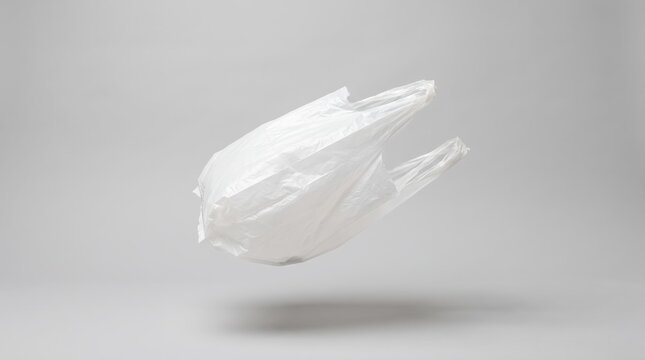 White plastic bag floating in mid air against grey, illustrating environmental pollution, waste management issues, recycling challenges, and the impact of single use plastics