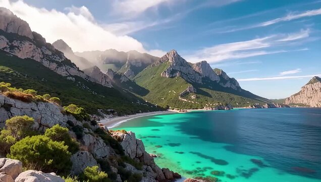 Crystal clear turquoise cove water and rugged coastal cliffs in Mallorca Balearic Islands Spain.