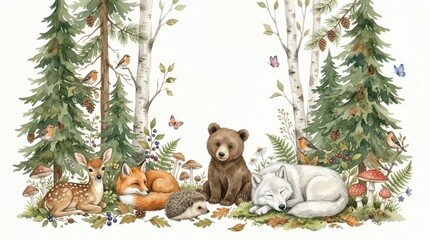 Fototapeta premium Watercolor Forest Animals Illustration with Bear, Fox, Deer, Wolf, and Hedgehog in Woodland Setting