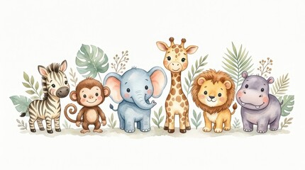 Fototapeta premium Cute Watercolor Safari Animals Border with Zebra Monkey Elephant Giraffe Lion and Hippo for Nursery Decor