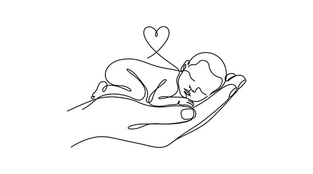 Newborn baby sleeping safely in a supporting hand line art illustration with sleeping illustration protection