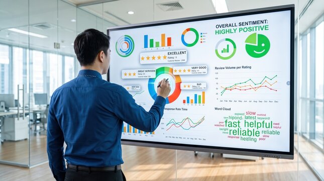 Businessman analyzing customer feedback and sentiment analysis data on large digital display screen in modern office, interpreting charts, graphs, and word clouds for marketing