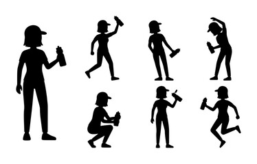 Obraz premium Graffiti Artist Silhouettes, Urban Art Spray Paint Figures, Creative Expression Vector Set, Dynamic Poses for Street Art Design